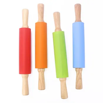 1/4Pcs Non-Stick Silicone Rolling Pin Wooden Handle Pastry Dough Flour Roller Kitchen Cooking kid Baking Tool For Pasta Dough