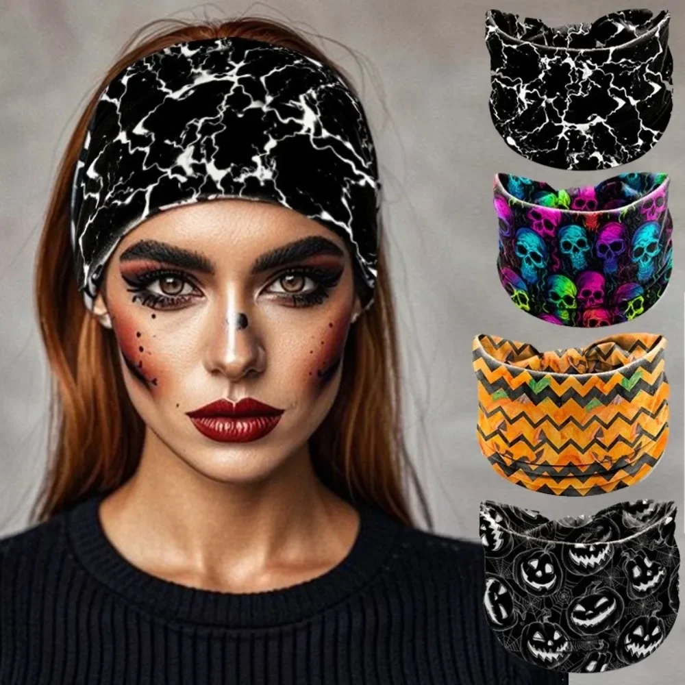 New Skull Print Halloween Headbands Pumpkin Bohemian Elastic Turban Headwear Extra Large Wide Women Headwrap Hair Accessories