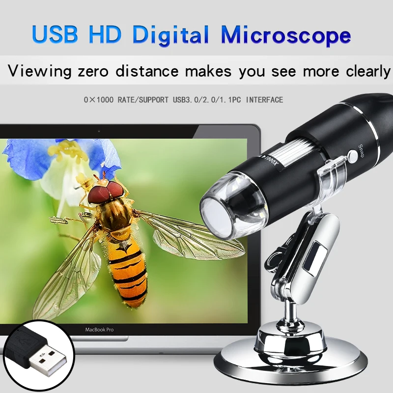 휴대용 디지털 현미경, USB 인터페이스 전자 현미경, 브래킷 포함 8 LED, 1600X, 1000X