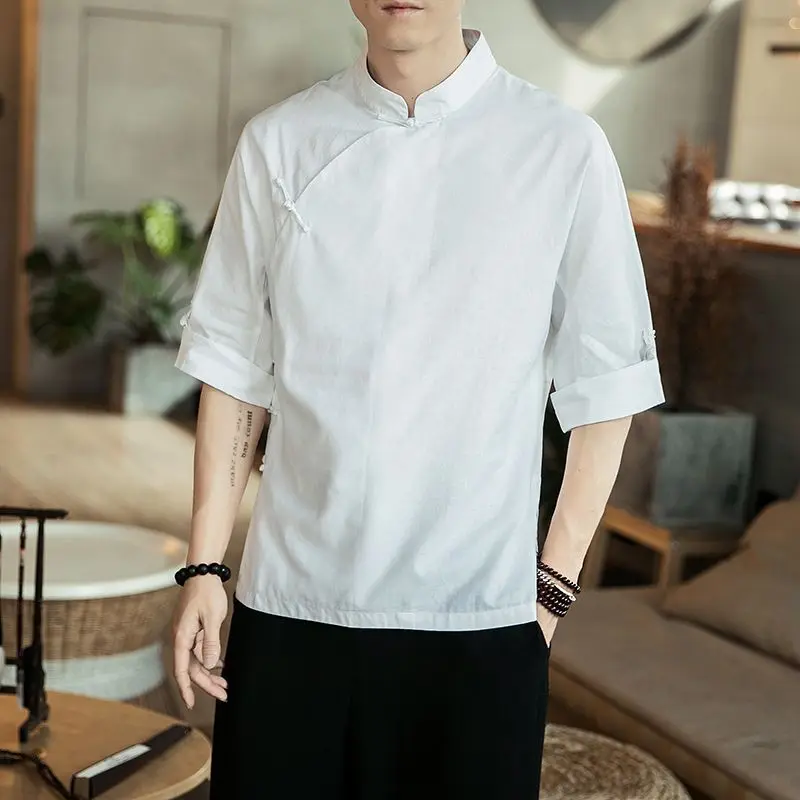 

Summer Autumn 5XL Chinese Style Stand Collar Half Sleeve Shirt Homme Loose Casual Solid Color Pullover Top Male Vintage Blouse