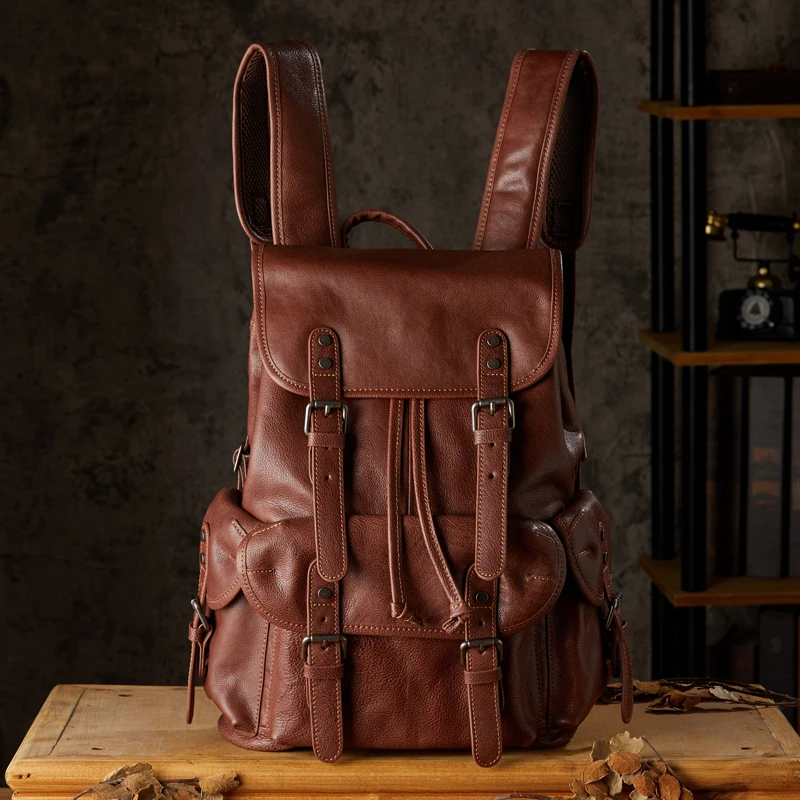 

Handmade Vegetable Tanned Cowhide Leather Backpack For Men Genuine Leather Rucksack Vintage Cowskin Knapsack Large Capacity Bag