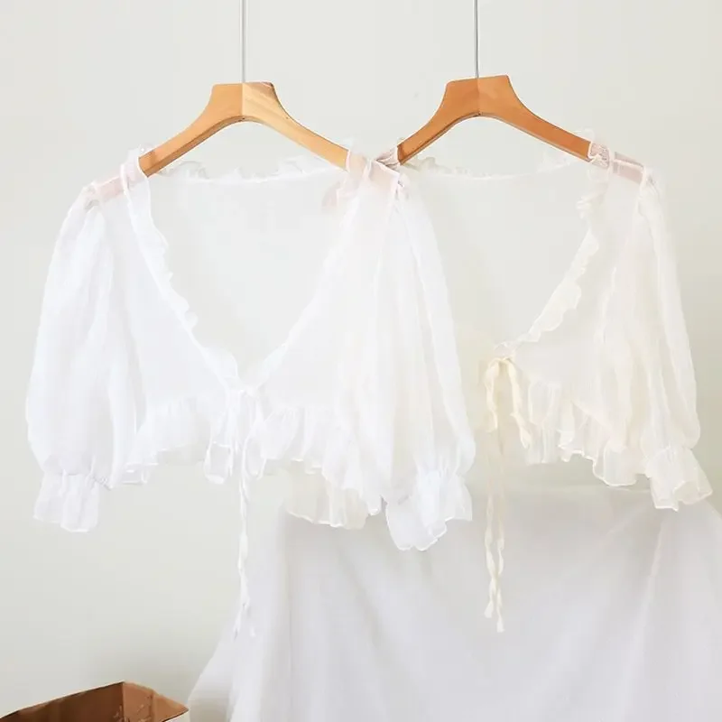 여성용 크롭 가디건, 쉬폰 소재, 경량 탱크 원피스, 반팔 에어컨 재킷, 여름 패션