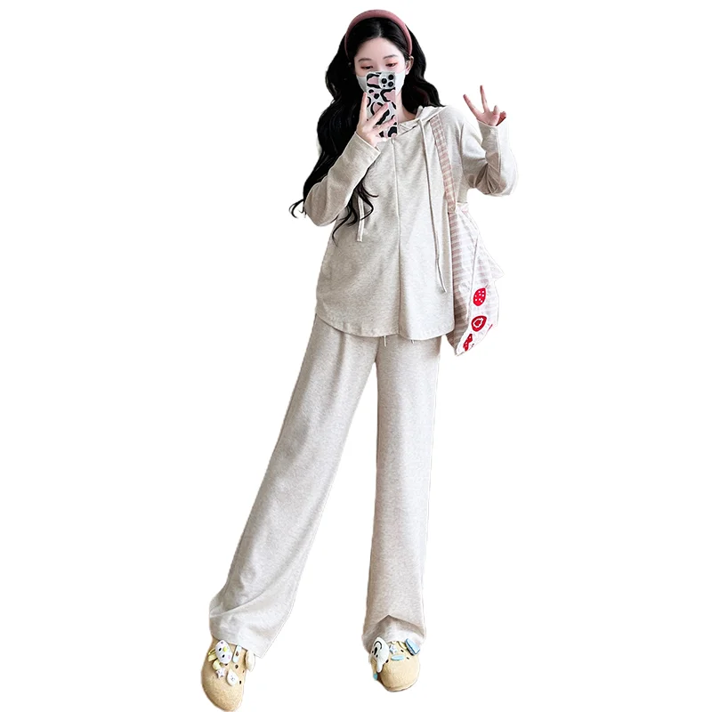 P68382# Pants Suit Hooded Collar Tops Women Sets Casual Pants Sport 2 Pcs Maternity