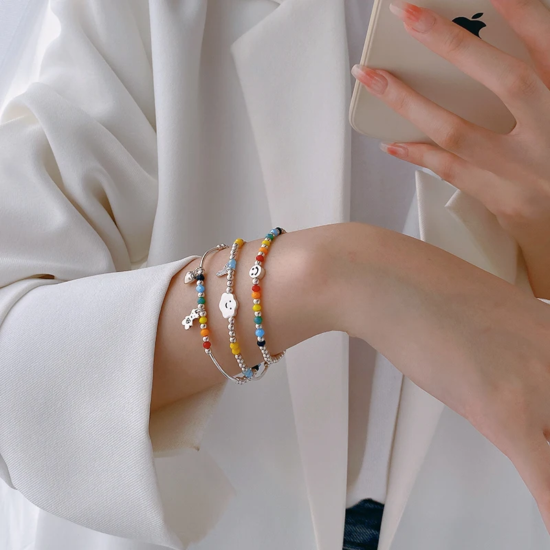 

925 Sterling Silver Rainbow Bracelet Female Summer Smiley Face Love Bear Cloud Niche Design 2022 New Tide