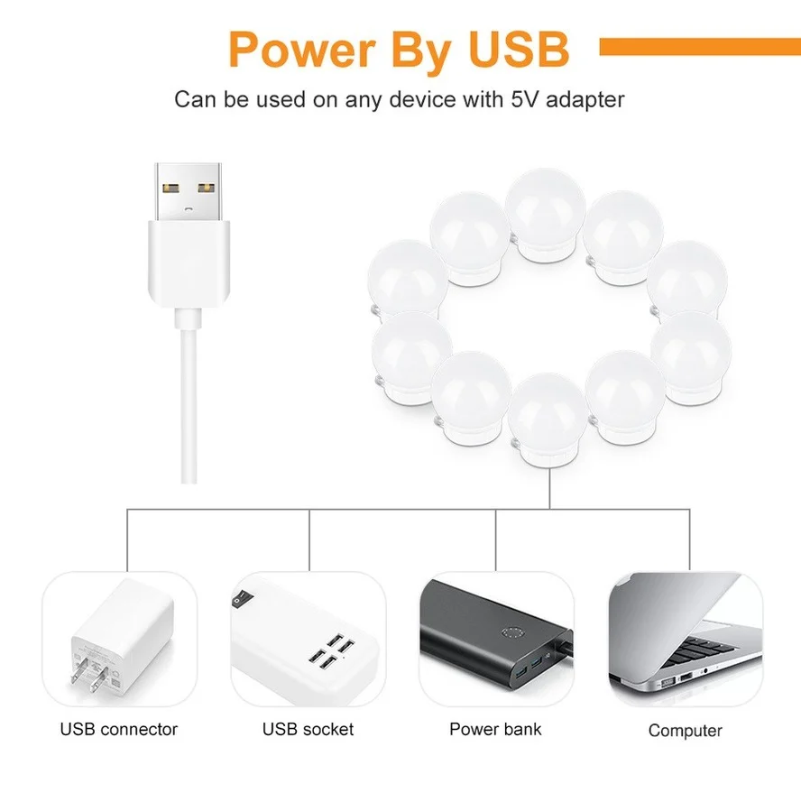 Makeup Mirror Lights USB 5V portable LED Bulb Dimmable Wall Lamp Makeup Mirror Dressing Table Beauty Hand Sweep Sensor