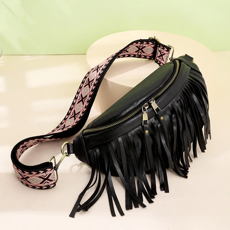 2023 European And American Retro Tassel Pleated Women's Chest Bag Fashion Shell Shaped Pu Soft Leather Crossbody Bag For Women