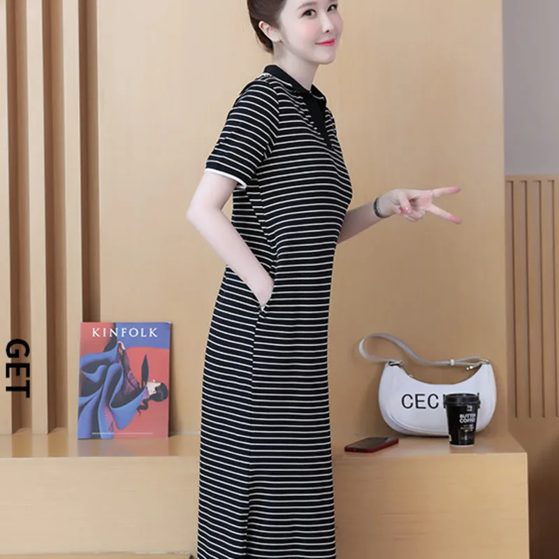 여성용 줄무늬 미디 드레스, 반팔, 느슨한 폴로 넥, 긴 티셔츠, 여성 코튼 포켓, 우아한 A 라인 드레스 M-4XL, 6420 여름