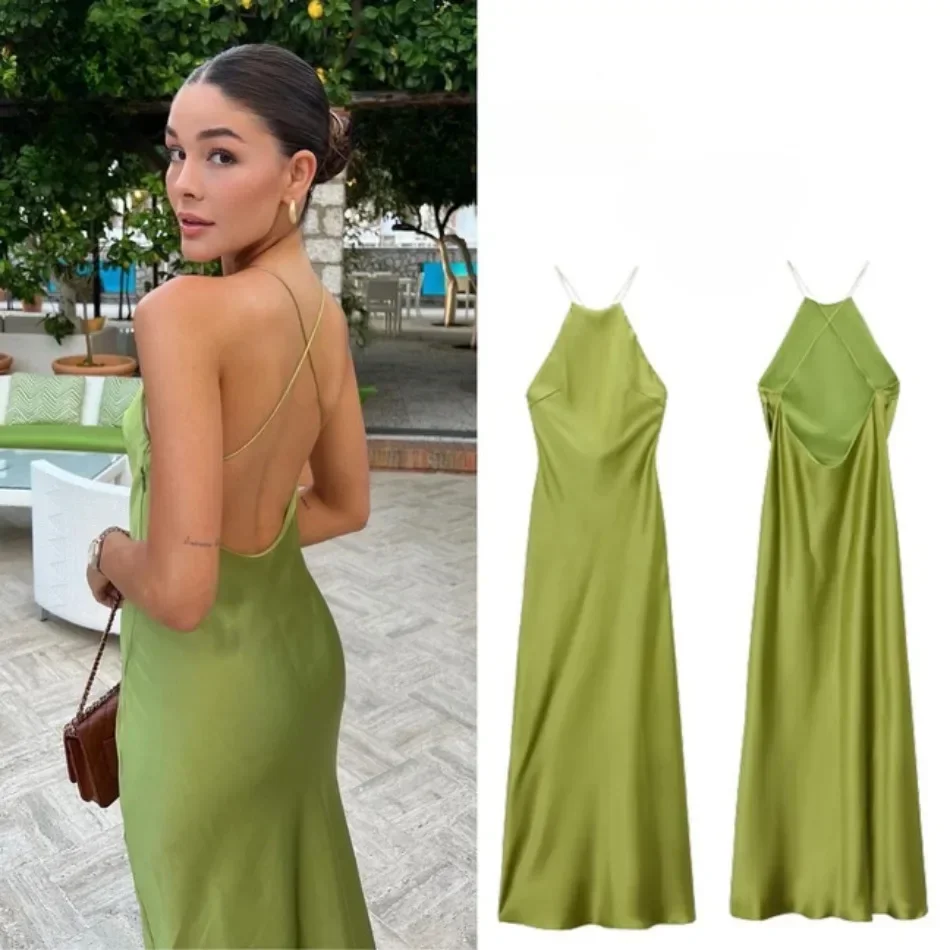 Frühling Sommer Damen ärmelloses Maxikleid Satin Fühlen europäischen amerikanischen Stil Sexy Bankett Abendkleid Kleidung – Detail 1