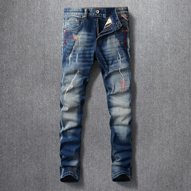 Fashion Vintage Men Jeans Retro Blue Elastic Slim Fit Hole Ripped Jeans Men Straight Trousers Embroidery Designer Denim Pants streetwear fashion men jeans retro elastic slim fit ripped jeans men hole patched trousers vintage designer casual denim pants