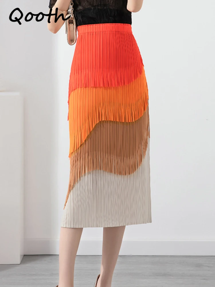 

Qooth Women Fashion Tassel Splicing Split Hip Skirt Elegant High Waist Mid-length Pleated Pencil Skirt For Spring Summer QT2120