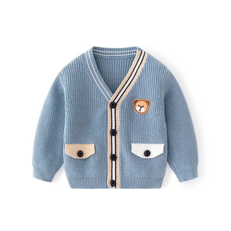 Ins Spring Autumn Children Boys Fit Knitted Pit Striped Baby Boys Sweater Patched Bear Cotton Buttons V-neck Toddler Boy Coat