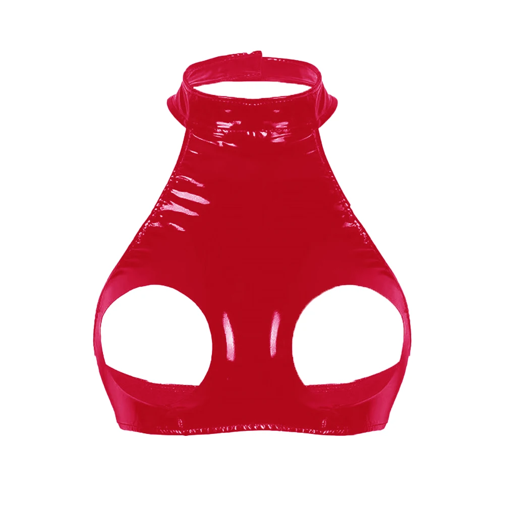 

Women Hollow Out Cupless Bra Crop Tops Sexy Lingerie Shiny Patent Oil Glossy Pvc Leather Lingerie Vest Top Female Club Nightwear