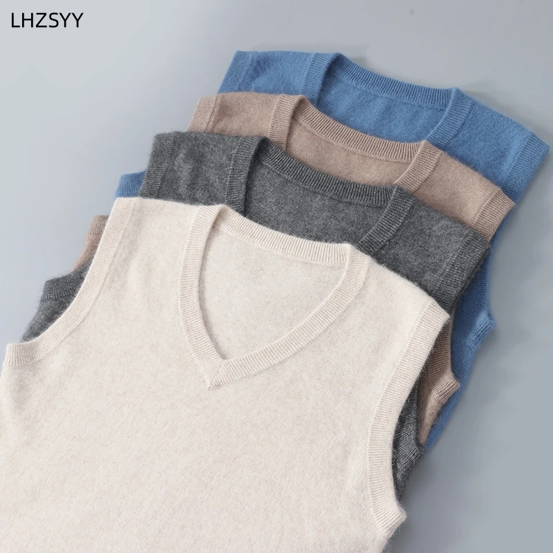 LHZSYY Men's Pure Mink Cashmere Waistcoat 23 Autumn/Winter New Pullover Sweater Sleeveless Solid Color Tops V-Neck Men Vest