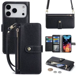 Leather Zipper Wallet Phone Case with Card Holder and Crossbody Lanyard Strap - iPhone 12 Pro Max (Black)