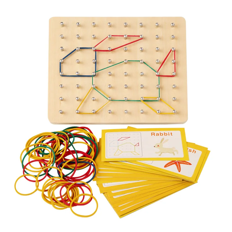 Wooden Puzzle Toys Geometric Shape Rubber Band Nailboard Game Kids Montessori Educational Creative Toy Fine Motor Training 6