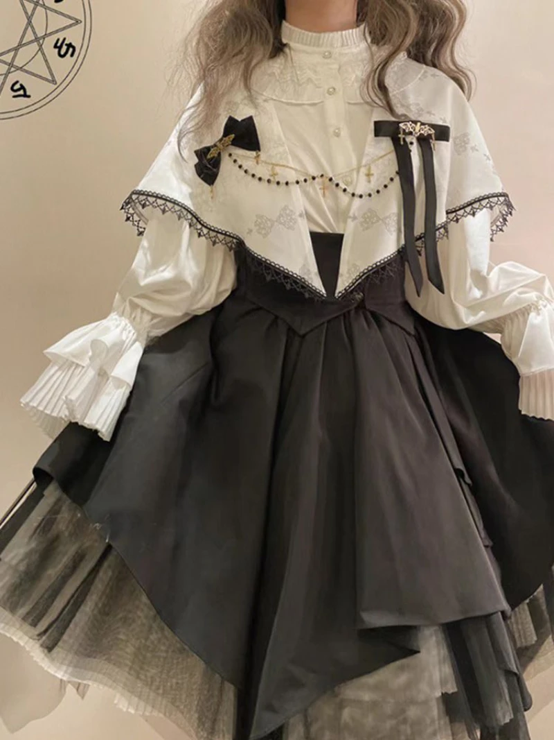 Japanese Victorian Gothic Lolita Skirts Women Two-piece Set Vintage Lantern Sleeve Shirt Organ Petticoats Belted Pleated Skirt