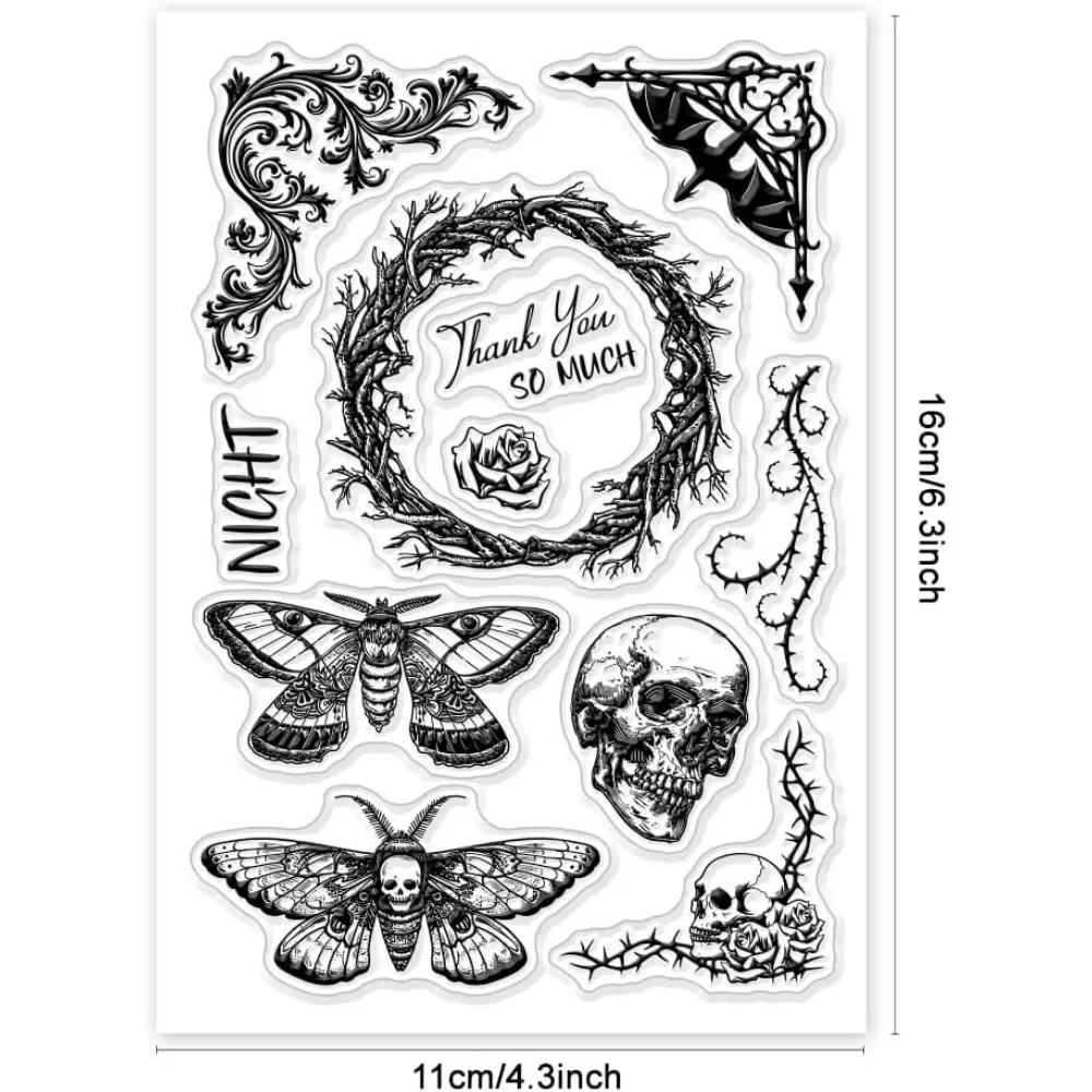1pc Gothic Moth Clear Silicone Stamps for DIY Card Making Wreath Corner Frame Silicone Transparent Seal Skeleton Clear Stamps clear stamps,clear rubber stamps