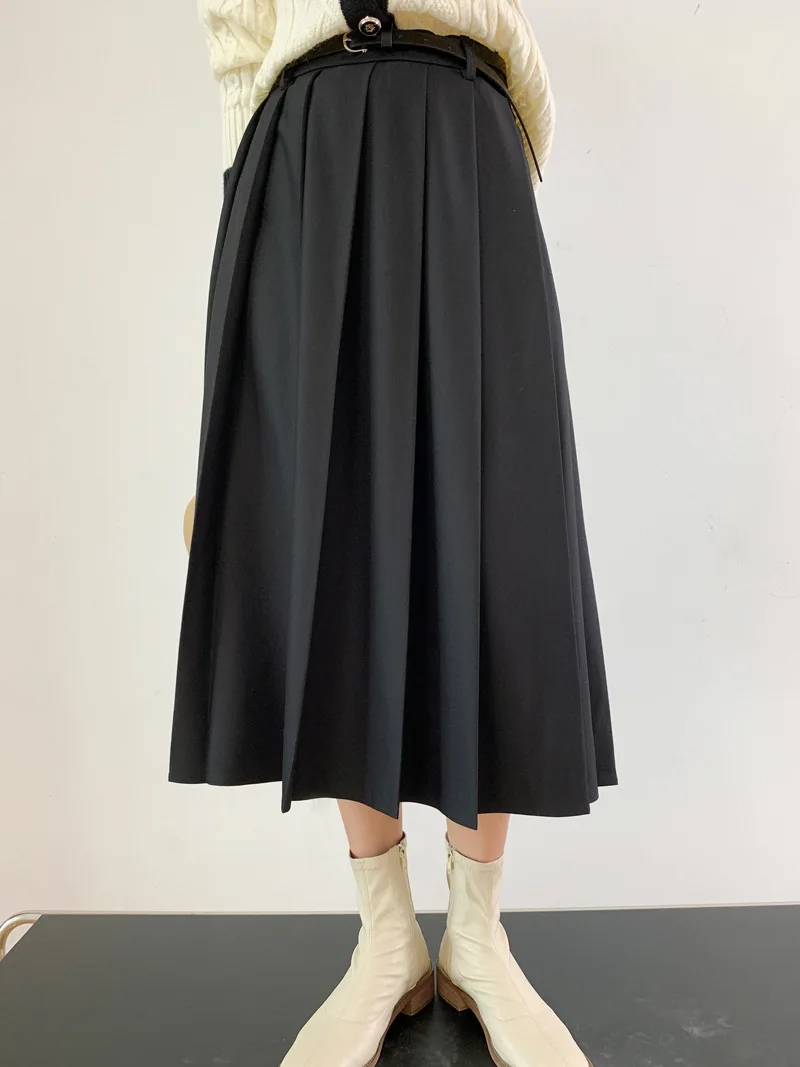 Alien Kitty Femme Prom Chic Women Mid-Length Skirts Solid All Match Casual 2022 New OL Pleated High Waist Autumn Daily Lady blue skirt