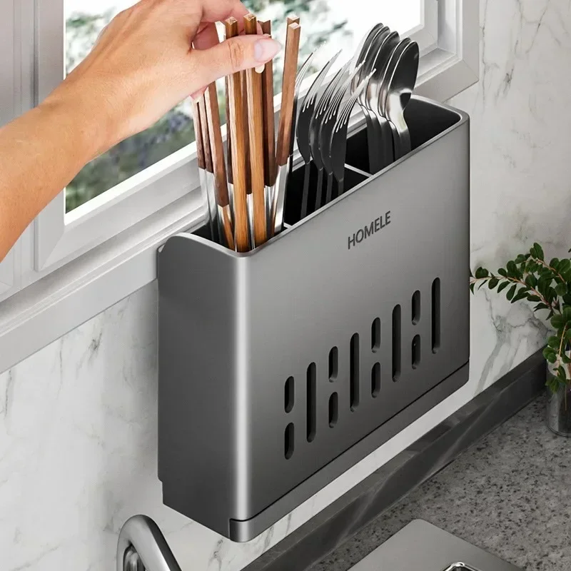 1-Piece Kitchen Utensil Rack-Multifunctional Draining Chopstick Holder Wall-Mounted or Freestanding Cutlery Storage Box Plastic 3