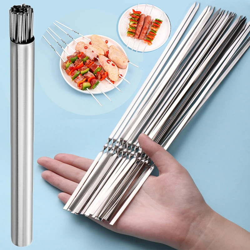 Stainless Steel Barbecue Skewer Storage Tube Reusable Grill Sticks Flat BBQ Fork BBQ Utensil Kitchen Outdoor Camping Accessories