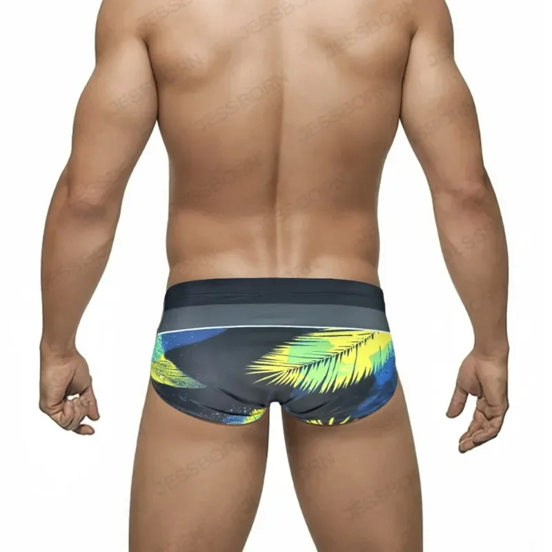 Summer Men Swimsuit Trend Leaf Print Swimming Trunks Mens Breathable Bathing Swimwear Man Push-Up Pad Surf Beach Shorts