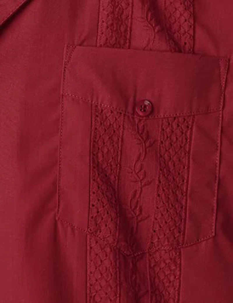 Wine Red Four-Pocket Cuban Guayabera Shirt Men Short Sleeve Camp Collar Shirt Male Embroidered Mexican Cigar Wedding Beach Shirt 5