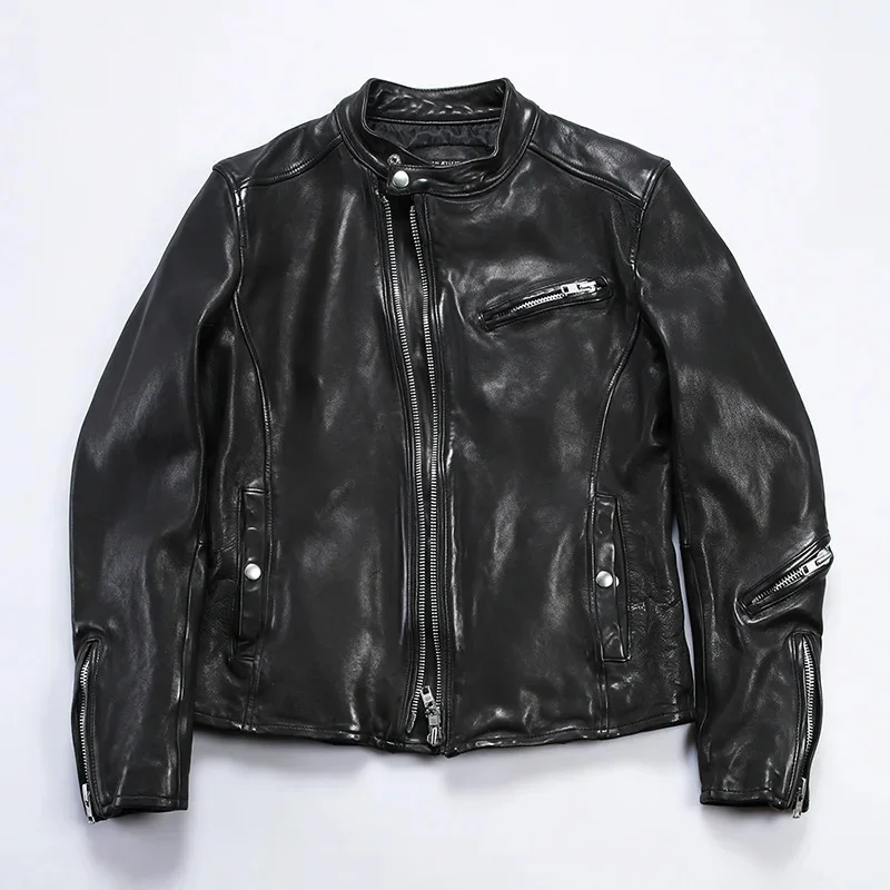 

shipping.Popular Free motorcycle leather clothing.Mens fashion tanned sheepskin coat.Luxury Vintage slim fit jacket