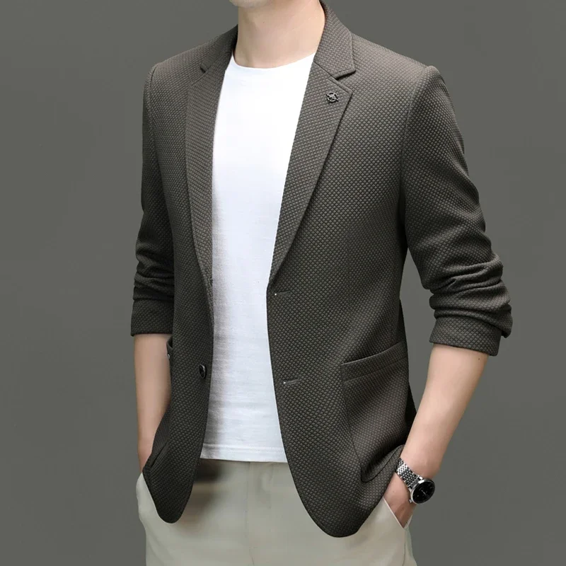 

[Main Model] 2024 New High-end Fashion Handsome Men's Knitted Elastic Casual Suit Korean Version Slim-fit Trend Business Men