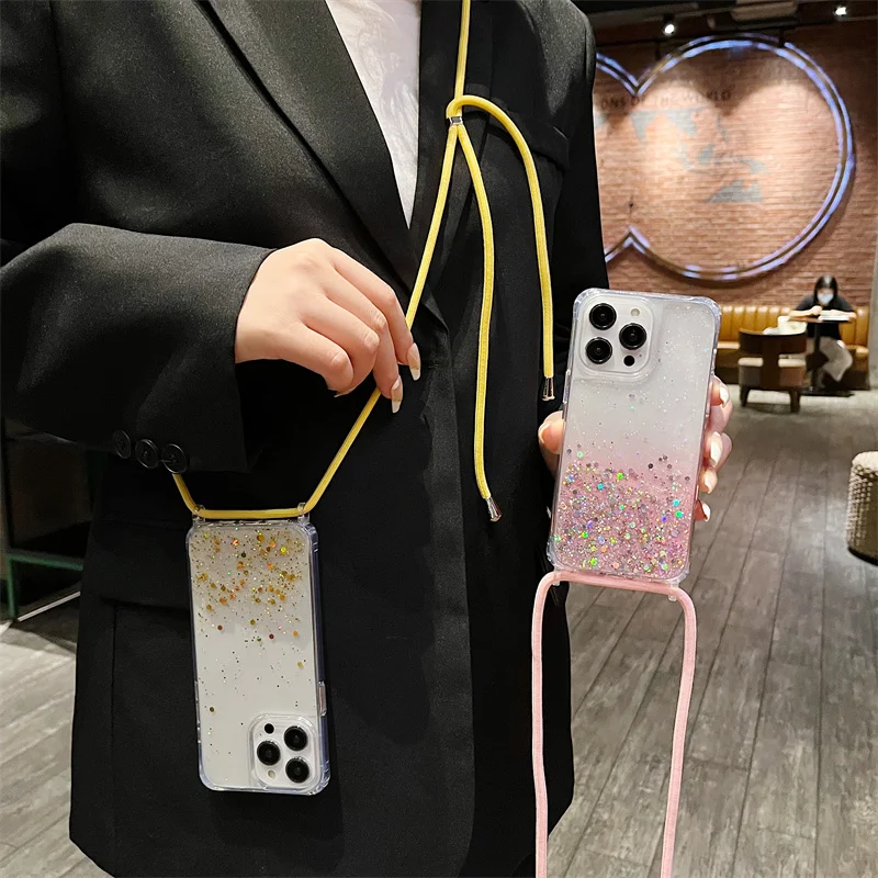 

13/14Pro Shine Glitter Crossbody Sling Rope Phone Case For iPhone12 11 XSMAX 78PLUS SE2 Cover XR Skinny Shell Body Protection