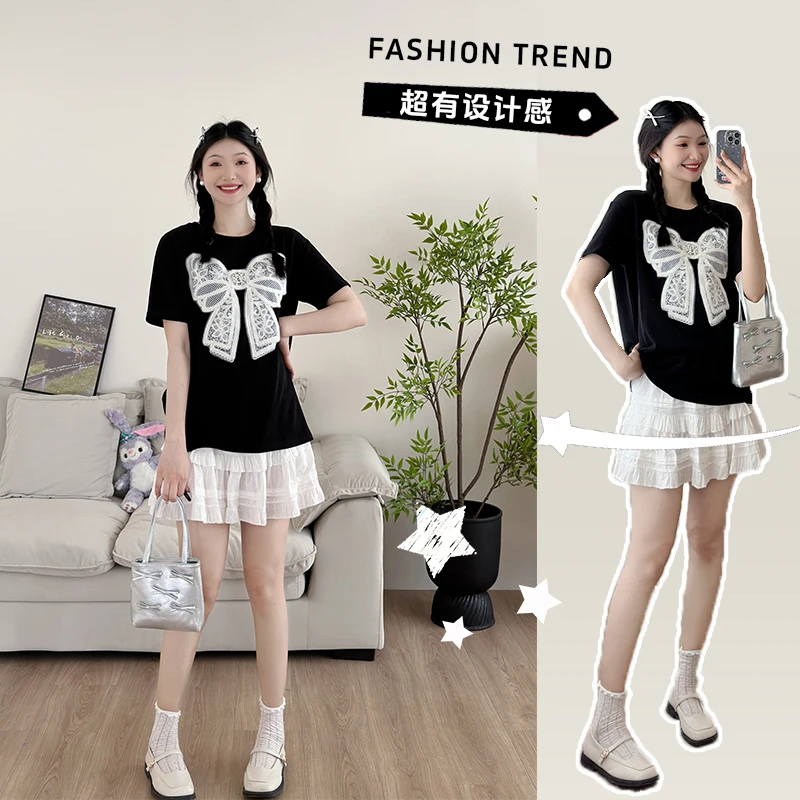 Summer Maternity Clothes Set Short Sleeve Black T-shirt with Large Bowknot Lace Belly Skirts Twinset Pregnant Woman Skirt Suits