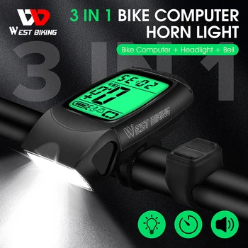 WEST BIKING 무선 자전거 컴퓨터 LED 라이트 혼, 다목적 자전거 주행 거리계, USB 충전식 방수 속도계, 3 in 1