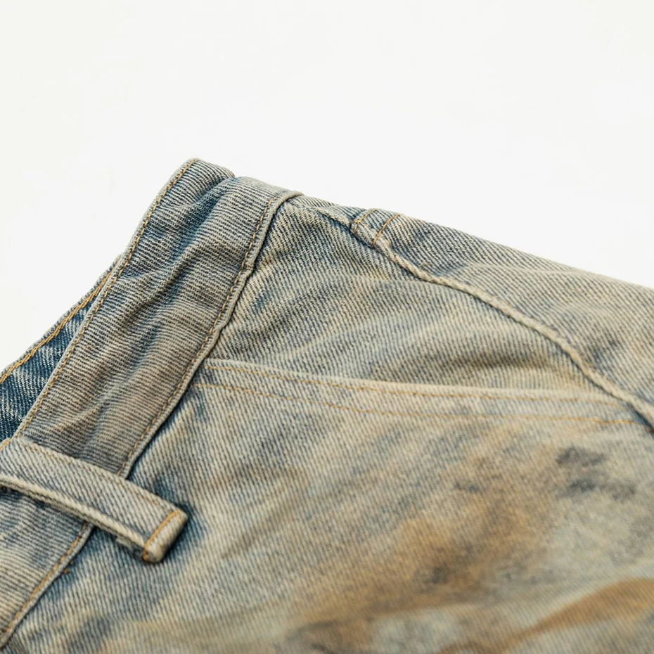 Men's Vintage Denim Shorts Pleated Patchwork Hi Street Jeans Shorts Streetwear Harajuku Hip Hop for Male