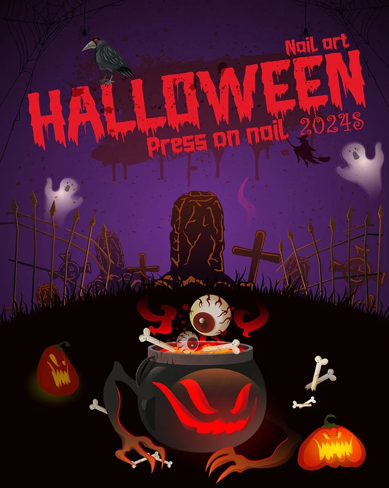 Lot de 30 faux ongles 3D en forme d'amande pour Halloween, motif fantôme noir et blanc effrayant, à porter, style art, manucure, 2025