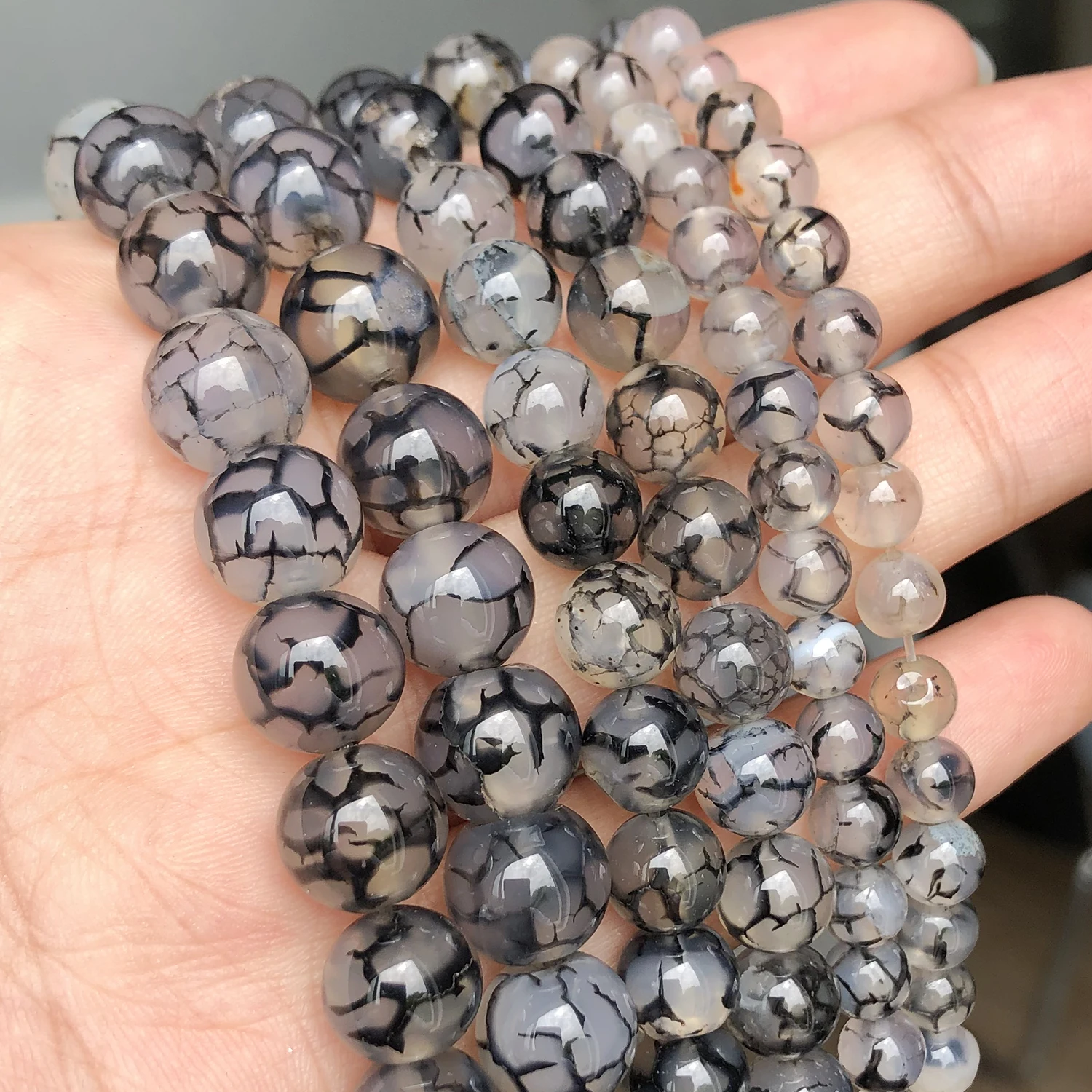 Perles d'espacement rondes en verre de veine de Dragon gris, pour la fabrication de bijoux
