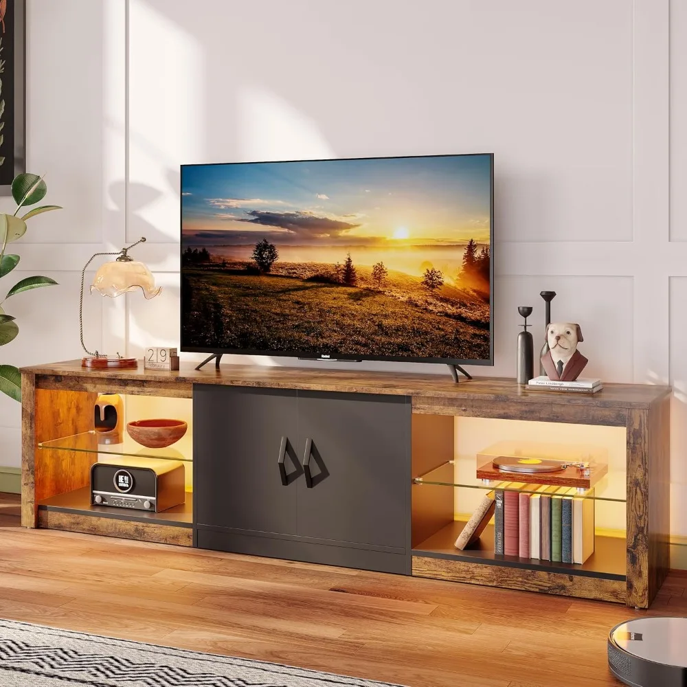 

70 Inch Led TV Stand forSuitable for TVs under 75 inches with Adjustable Glass Shelves Two Cabinets Modern TV Console