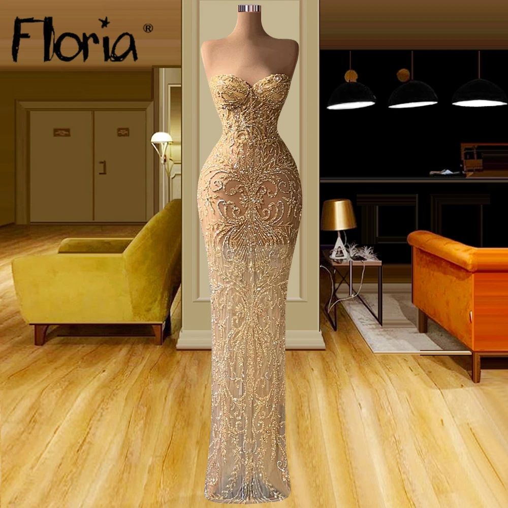 

Glitter Champagne Strapless Long Mermaid See Through Prom Gowns Women Beaded Cocktail Party Gown Custom Made Birthday Party Wear
