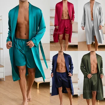 Set di indumenti da notte in tinta unita da uomo in raso setoso da uomo da notte allentato pigiama da uomo giapponese set estivo nuovo kimono pantaloncini pigiama completo 1