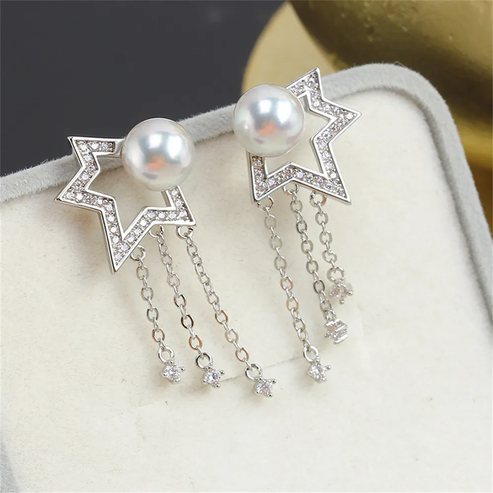 S925 Silver Needle Half Five-pointed Star Tassel Pearl 14K Bag Gold Stud Earrings Empty Support DIY Accessories Temperament 14k gold encrusted zirconium five petal flower pearl empty support ear studs 925 silver needle diy handmade flower material