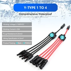 Advanced 30A Y-Branch Solar Connector Cable Set - Black & Red Solar Panel Parallel Adapter Pair (1 TO 4)