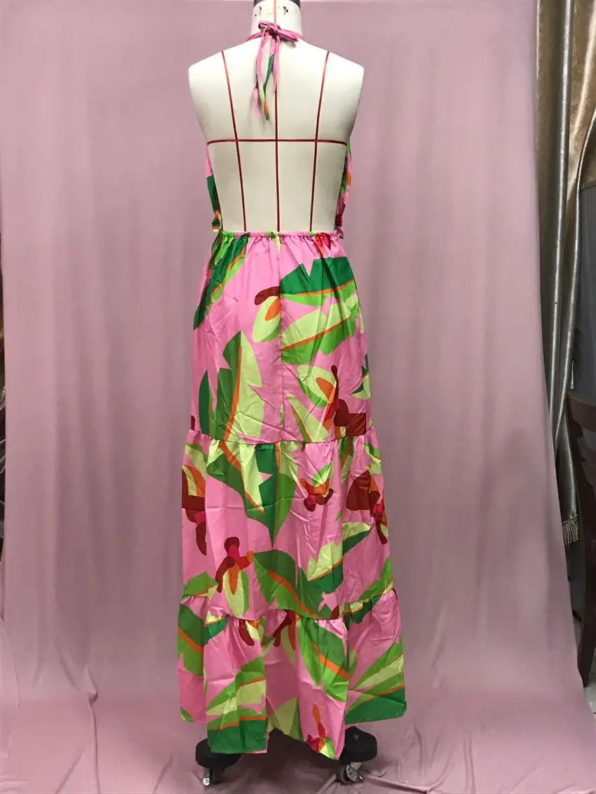 Vestidos de cuello halter con estampado de estilo bohemio para mujer, sexys, con escote en V y espalda descubierta, para vacaciones y playa, ropa informal para desplazamientos diarios.
