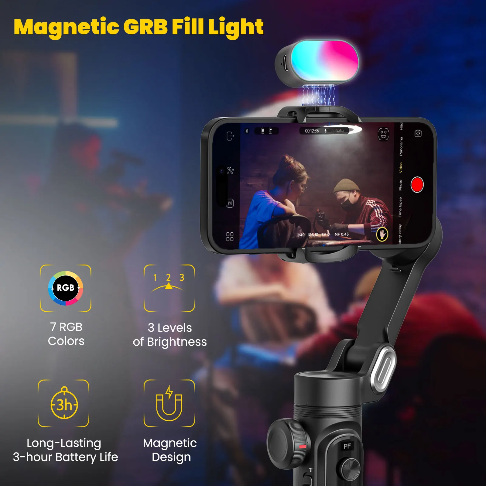 AOCHUAN Smart Xpro Combo Black 3-Axis Phone Gimbal Stabilizer With 73cm Extension and RGB Magnetic Light OLED Display Gimbal