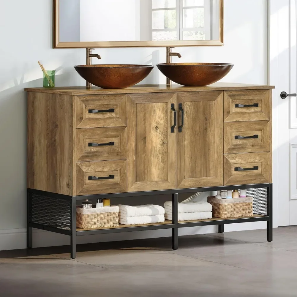 48" Double Rustic Bathroom Vanity, with Double Sink and Drawers Side Cabinet Combo Set & Shelf,Boat Tempered Glass Vessel Sink 6