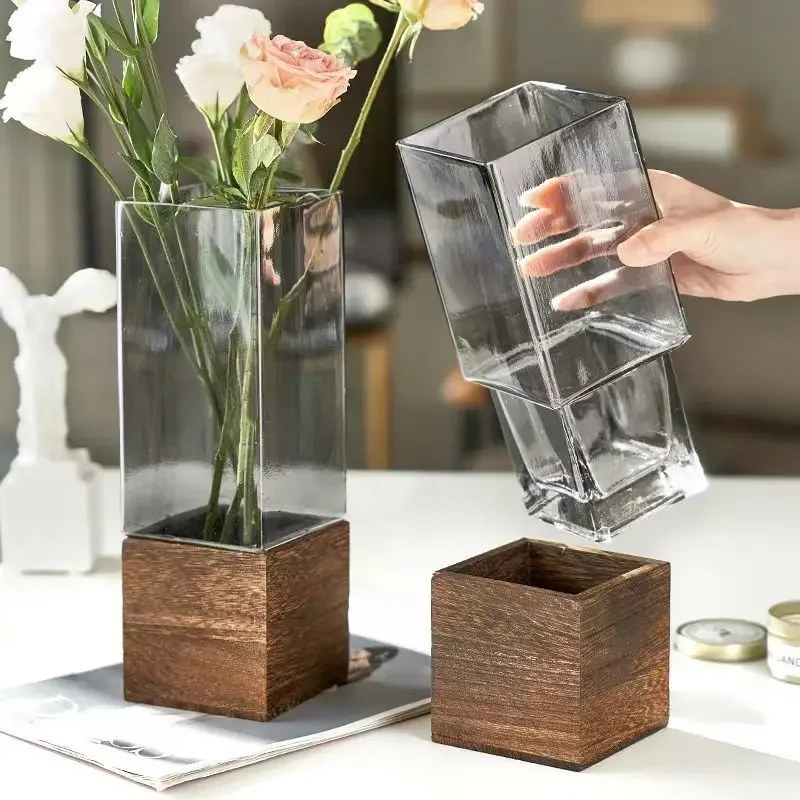 

Vase Wooden Hydroponic Office Decoration Flowers Room Flower Living Artificial Dried Glass Base for