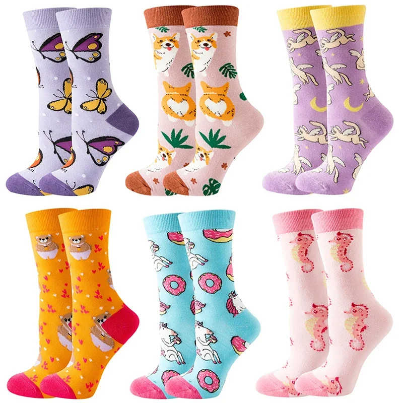 

1 Pairs New Fashion Colorful Funny Happy Casual Women Socks Dress Harajuku Cute Cartoon Cat Dog Lemon Donut Girl Cotton Socks