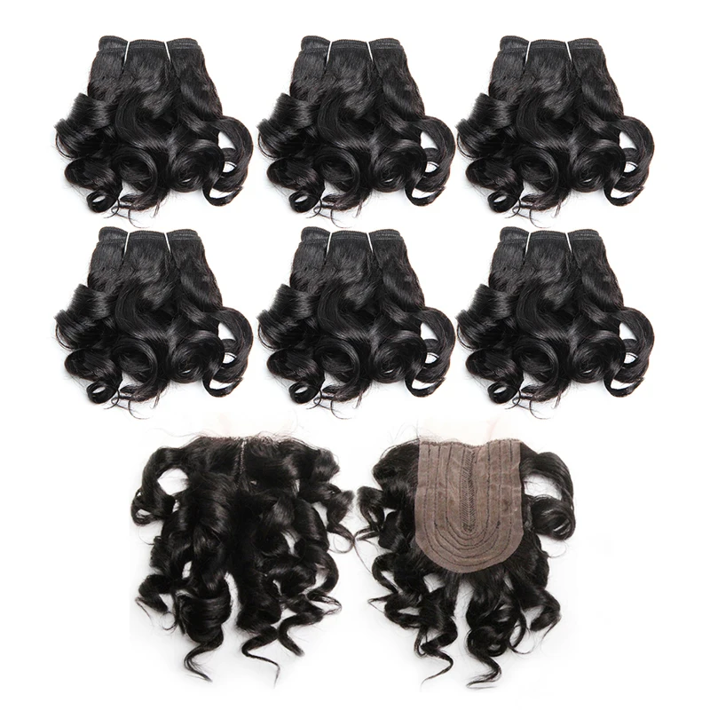 Human Hair Bundles Short Curly With 4x1 T Part Lace Closure Brazilian Natural Color Human Hair Extensions