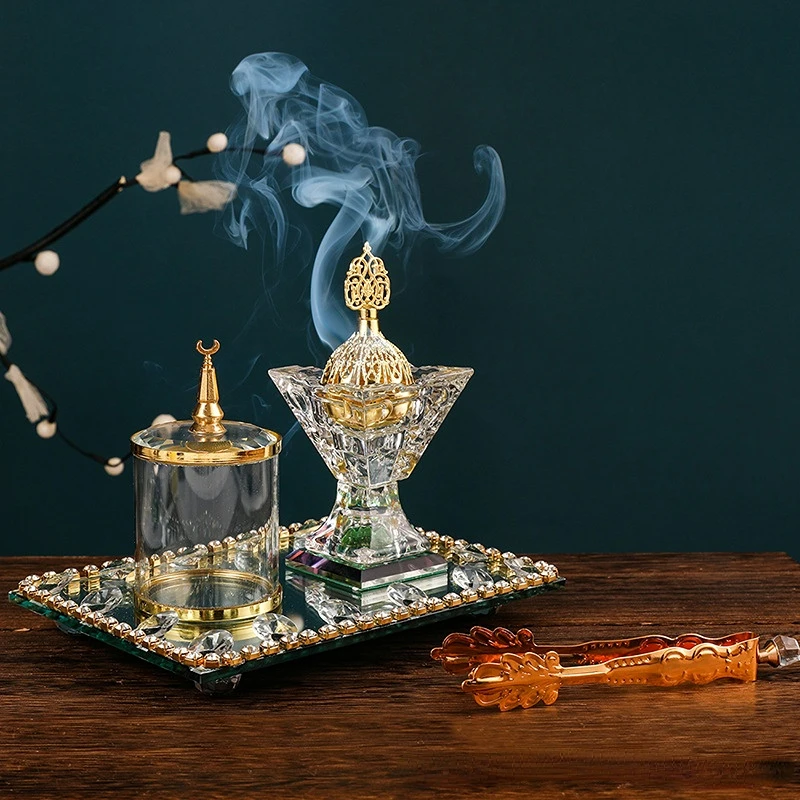 Luxury Crystal Glass Incense Burner Holders Middle East Muslim Censers Sticks Hold for Home Wedding Ramadan Decoration