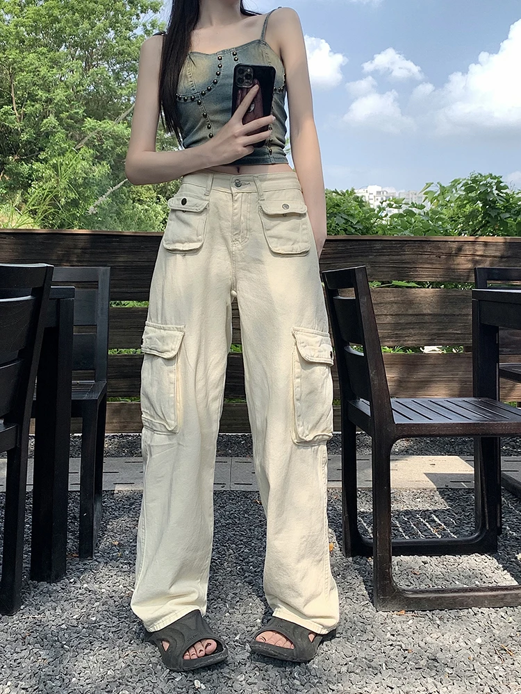 

Spring Summer Women Cargo Pants Solid Color Simple Vintage Loose Pockets Patchwork Casual Streetwear Fashion High Waist Trousers