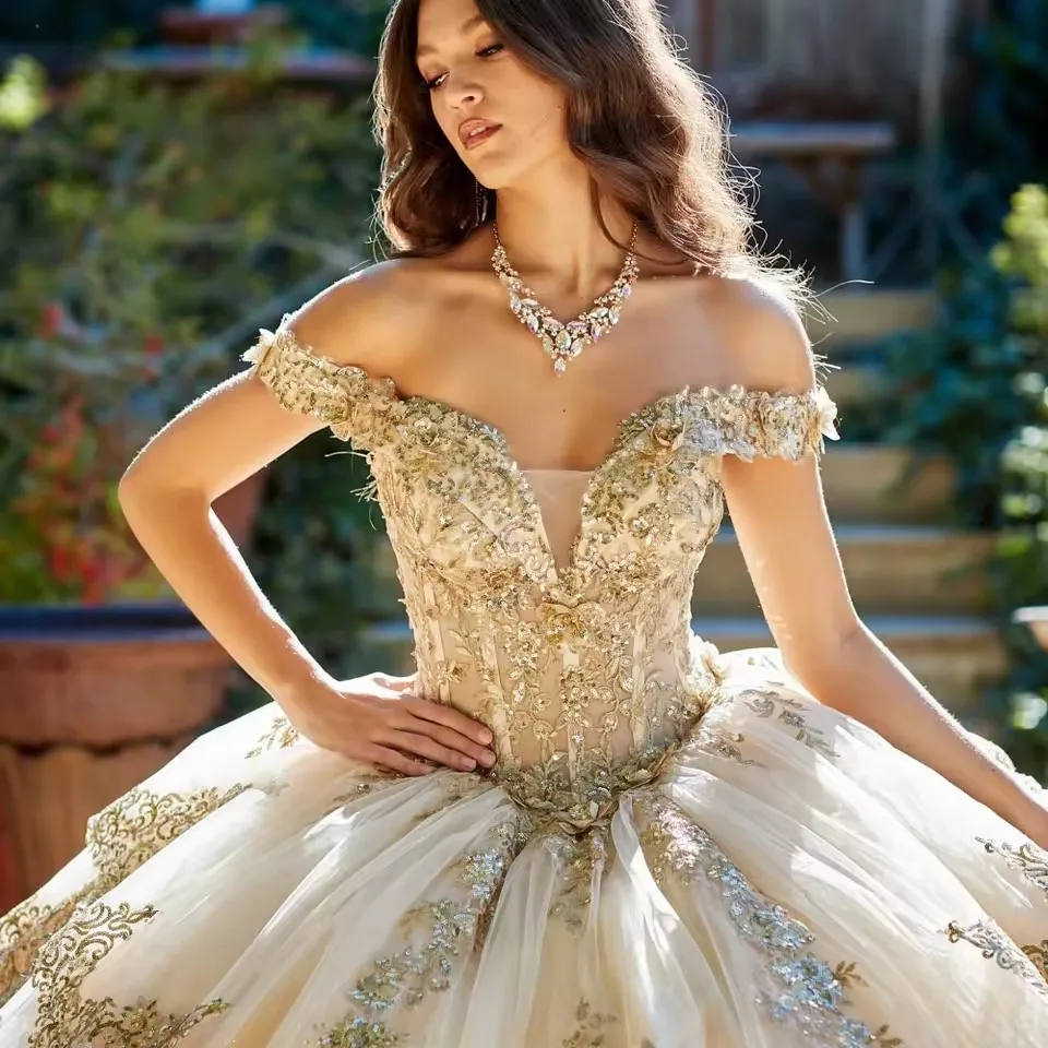 CustomizedVestido De 15 Anos Champagne Ball Gown Quinceanera Dress Gold Lace Appliqued Beaded Sweet 15 Party Dress Vestido De