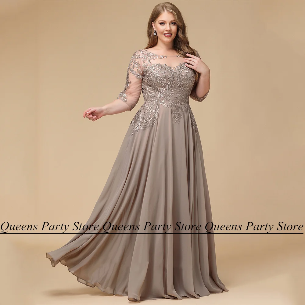 

Plus Size Mother of The Bride Dress Scoop Neck 3/4 Sleeves Applique Floor Length A Line Chiffon Summer Wedding Guest Gown
