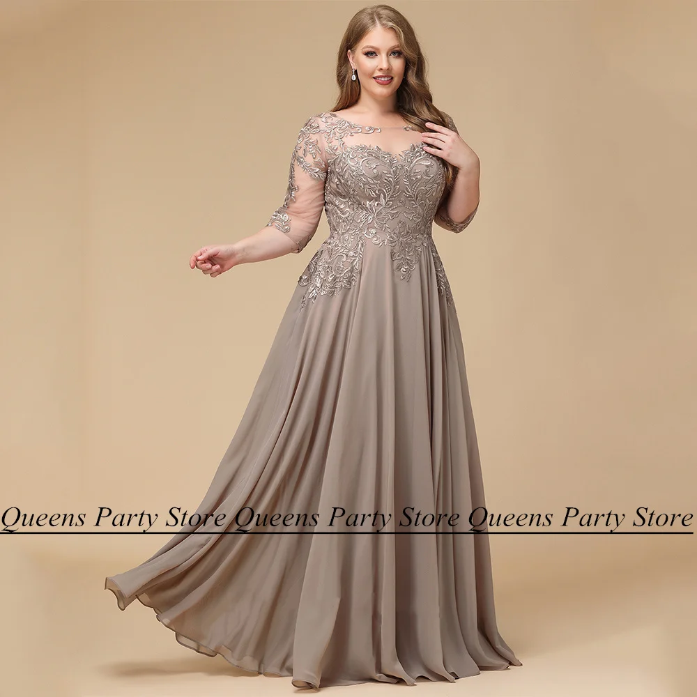 Plus Size Mother of Bride Dress 3/4 Sleeves Applique Floor Length A Line Chiffon Summer Wedding Guest Gown mother bride dresses